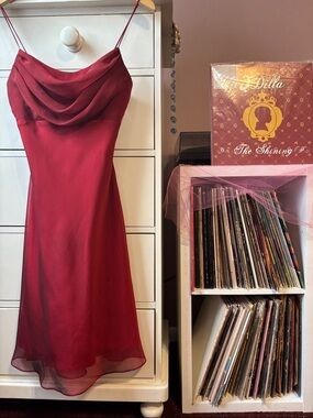 90’ Vintage Cache Dress Cowl neck Red Sparkle Slip Party Cocktail Y2K USA Short